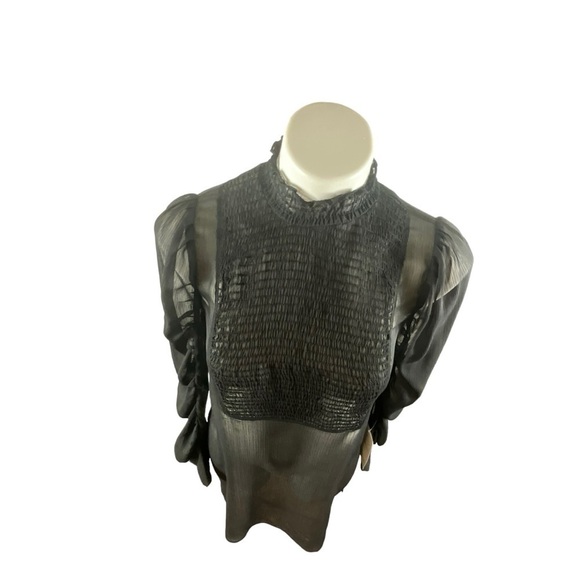 Zara Black Sheer Smocked High Neck Smocked Front Panel Ruched Sleeve Dress - Picture 8 of 14